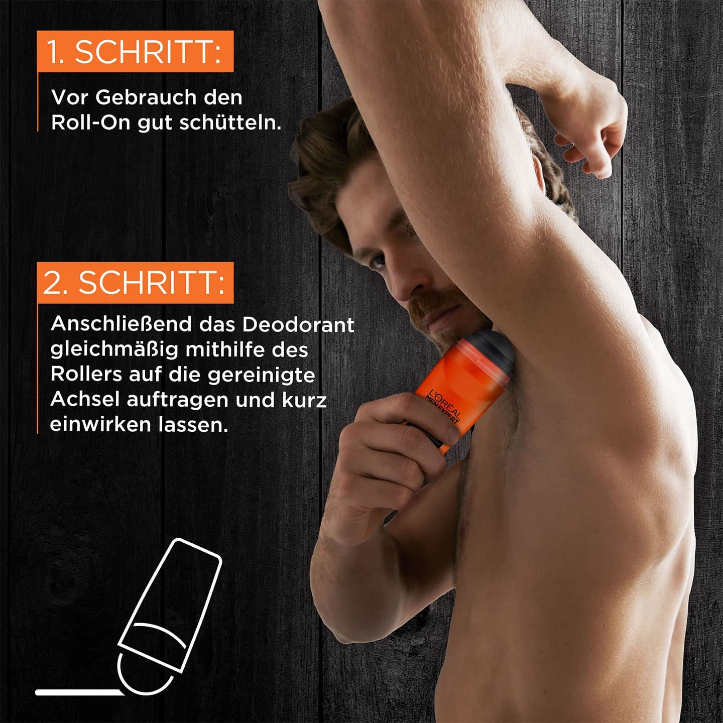 Anwendungsbeschreibung in zwei Schritten mit jungem Mann mit Deo Roll-on